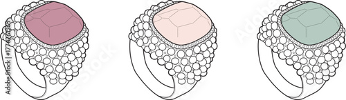 Elegant and intricate outline illustrations of three luxurious gemstone rings featuring distinct shades of red, pink, and green, showcasing exquisite jewelry design