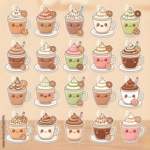 Cute Kawaii Hot Chocolate and Coffee Cups with Cookies Adorable Cartoon Drinks in Pastel Colors Cozy Winter Beverage Collection PNG Illustration
