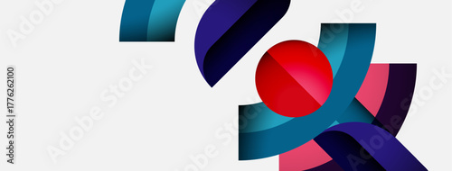 Abstract shapes, vibrant colors, dynamic composition. Red sphere dominates center, surrounded by flowing curves, gradients. Modern design.