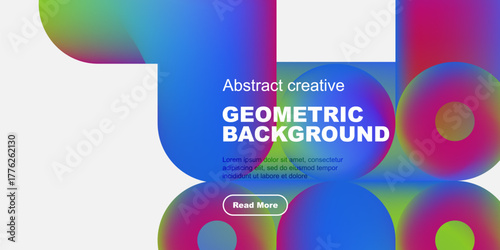 Abstract geometric shapes, vibrant colors, modern design. Text includes geometric background, plus sample lorem ipsum text, button.