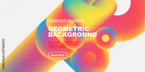 Vibrant abstract shapes overlap black background. Text promotes geometric design, includes call to action button. Modern, colorful composition.