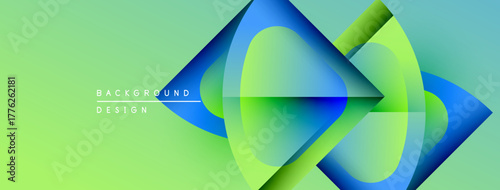 Abstract geometric shapes overlap, creating vibrant gradients. Green background complements blue elements. Modern design feels dynamic, fresh.