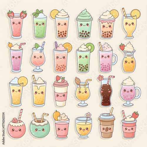 Cute Kawaii Drinks Collection with Smiling Faces Colorful Smoothies Bubble Tea Lemonade and Coffee Cups Adorable Cartoon Beverage Stickers PNG