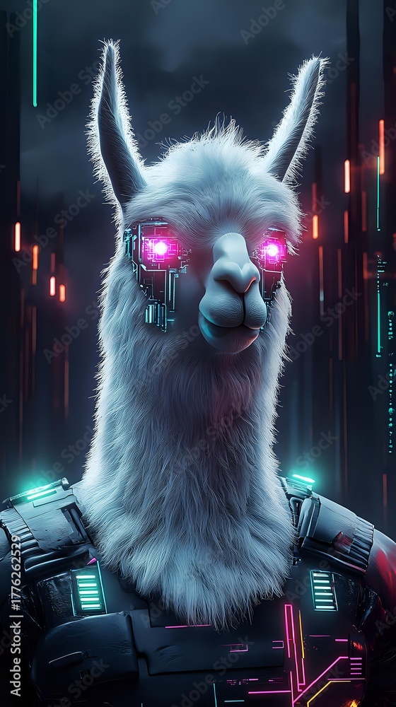Obraz premium Futuristic llama with glowing pink digital eyes and cybernetic armor against dark urban backdrop with neon lights. Perfect for sci-fi gaming concepts.