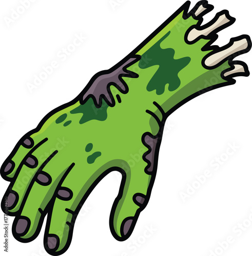 Green zombie arm vector graphic with exposed bones and decaying flesh isolated on black background