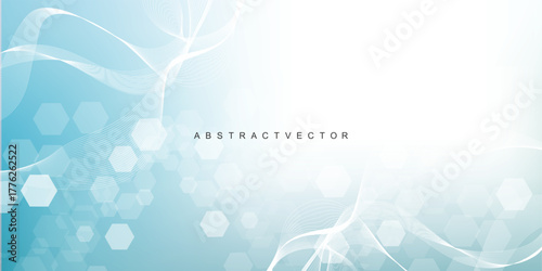 Modern science background with lines, dots and hexagons. Wave flow abstract background. Molecular structure for medical, technology, chemistry, science. Vector illustration