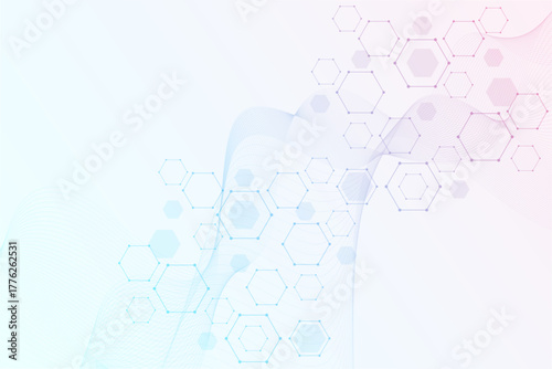 Health care or medical abstract background with hexagons, lines and dots. Scientific innovation banner template concept. Biology and pharmaceutical technology background. Vector illustration.