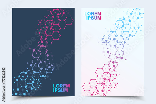 Modern templates for brochure magazine leaflet flyer cover booklet annual report. Modern futuristic hexagonal pattern with particle, molecule structure for medical, technology, chemistry, science.