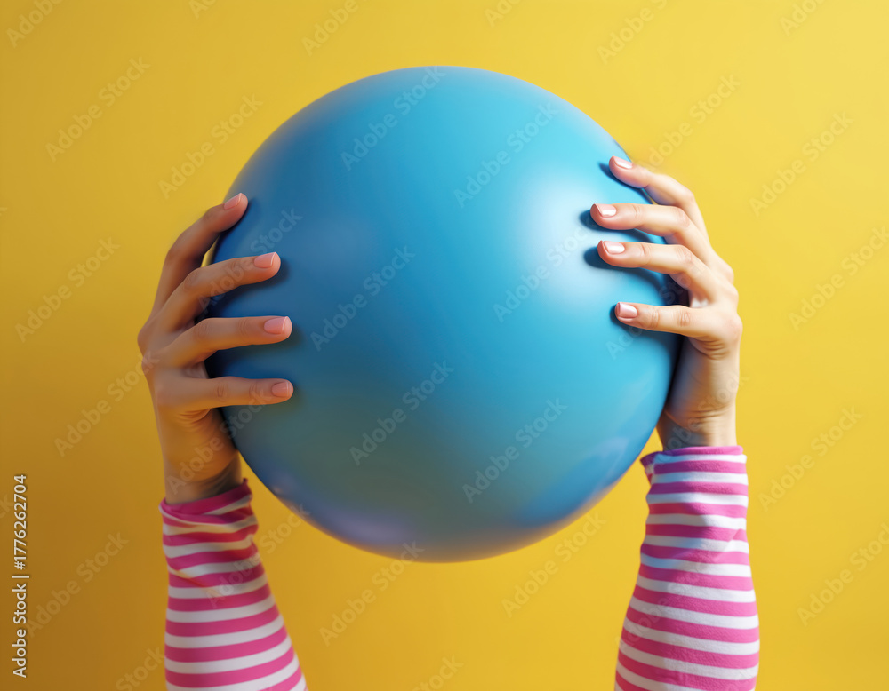Naklejka premium Woman hands holding blue fitness ball, wearing pink and white striped sleeves, against a bright yellow background. Flexible hands grip the ball, isolated on a vibrant background.