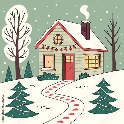 A picturesque winter landscape showcases a snowcovered house with festive lights, surrounded by trees and a winding path in a serene setting