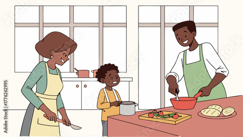 A loving family is preparing a meal together in the kitchen, sharing laughter and creating memories while cooking healthy food with joy and care