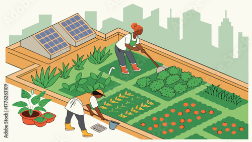 Isometric illustration of people gardening on a rooftop garden with solar panels, promoting sustainable urban agriculture and renewable energy in the city