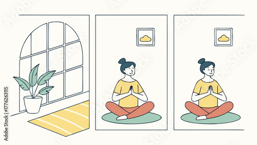 Illustration of a woman meditating in a room with a plant and a window, promoting mindfulness, relaxation, and inner peace