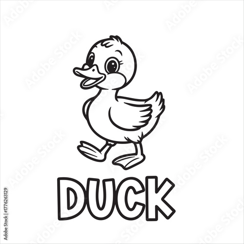 kids’ coloring pages, kids, coloring, pages,, Cartoon duckling is walking above the word DUCK, its outline is black and white