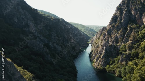High angle view of a river flowing between mountains, Matka Canyon, nature, 4k