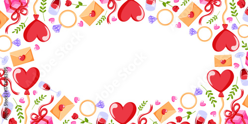 Romantic Valentine day frame with heart, rose, wine glasses, ring gift and love letter in flat style. Design for romantic theme.