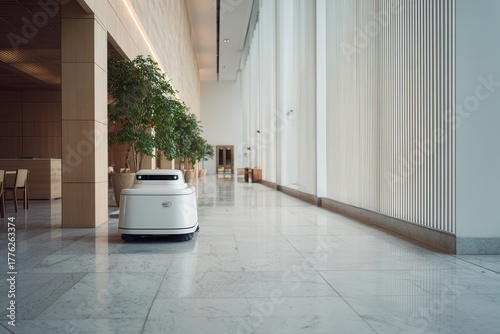 A white robotic cleaning unit is seen moving through a large modern lobby with polished marble floors and tall vertical windows in a corporate environment