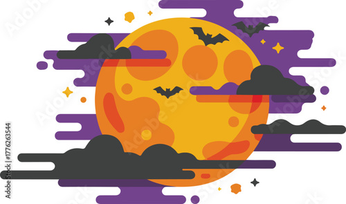 Orange full moon vector with flying bats and dark clouds in a spooky night sky Halloween illustration