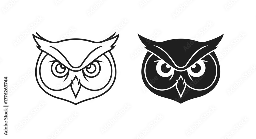 Fototapeta premium Two stylized owl head icons, one in black outline and one in solid black silhouette, isolated on a white background.