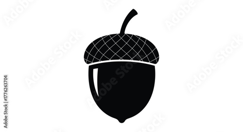 Simple black silhouette of a single acorn with a textured cap and short stem, isolated on a clean white background.