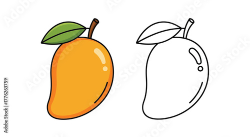 A vibrant, ripe mango is shown next to its outline for coloring, highlighting its juicy texture and fresh green leaf.
