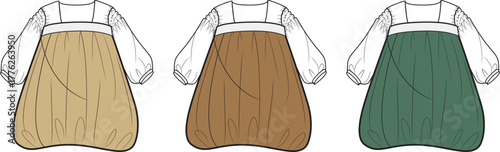 Fashionable dresses in neutral tones with a breezy silhouette on white background