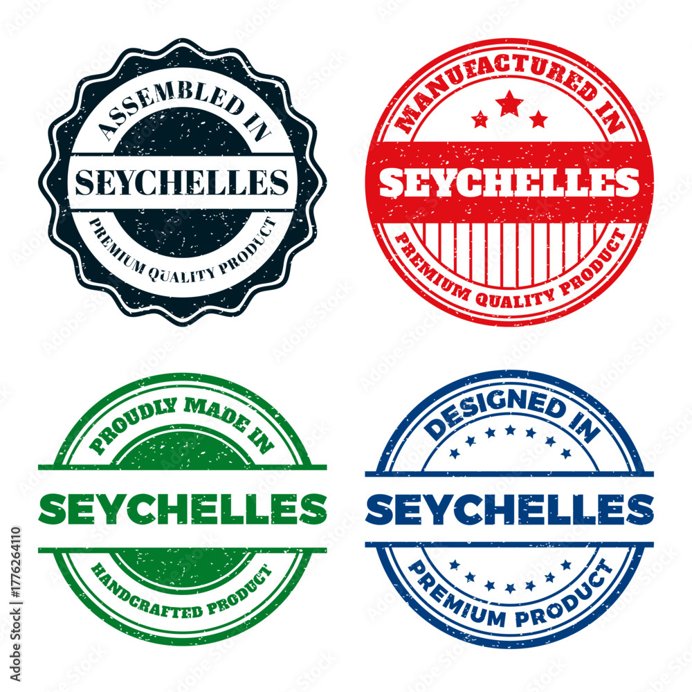 Obraz premium Seychelles Product Labels. Premium Quality. Handcrafted. Assembled. Manufactured. and Designed