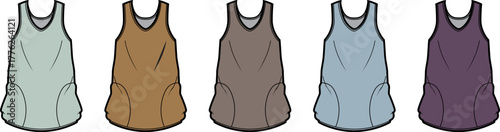 Fashion technical flat sketch set of a sleeveless tunic dress shown in various colorways for an apparel design collection concept