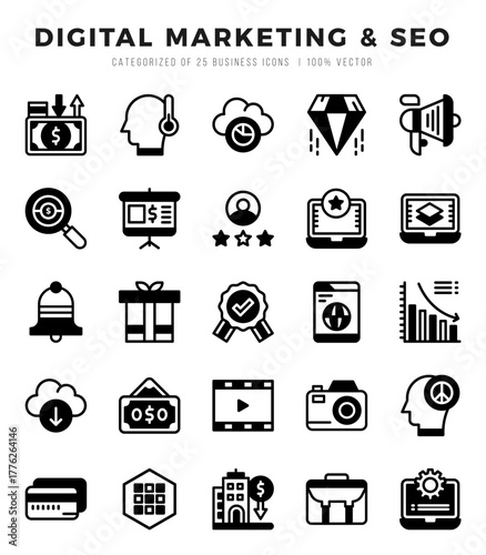 Set of Digital Marketing & SEO icons in Lineal Filled style. Lineal Filled Icons symbol collection.