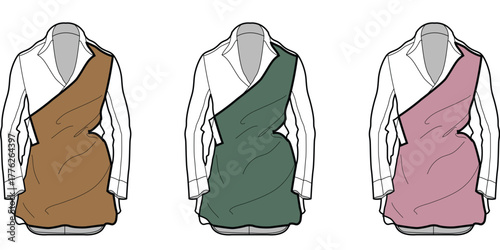 Fashion illustration of a draped jacket concept presented in a versatile color palette including brown, green, and pink
