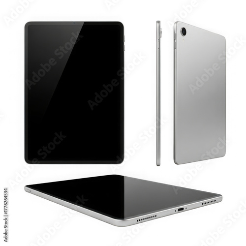 Multiple views of a sleek silver tablet device isolated on transparent background