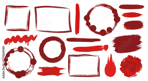 A collection of hand-drawn red brush stroke frames, circles, and abstract shapes on a white background.