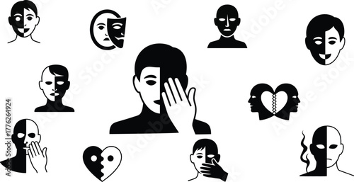 Black and white icons of human faces with split personalities and masks