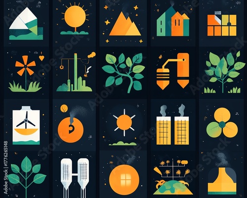 Colorful icons representing environmental themes.