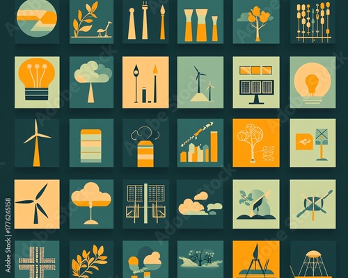 Modern environmental icon collection in squares.