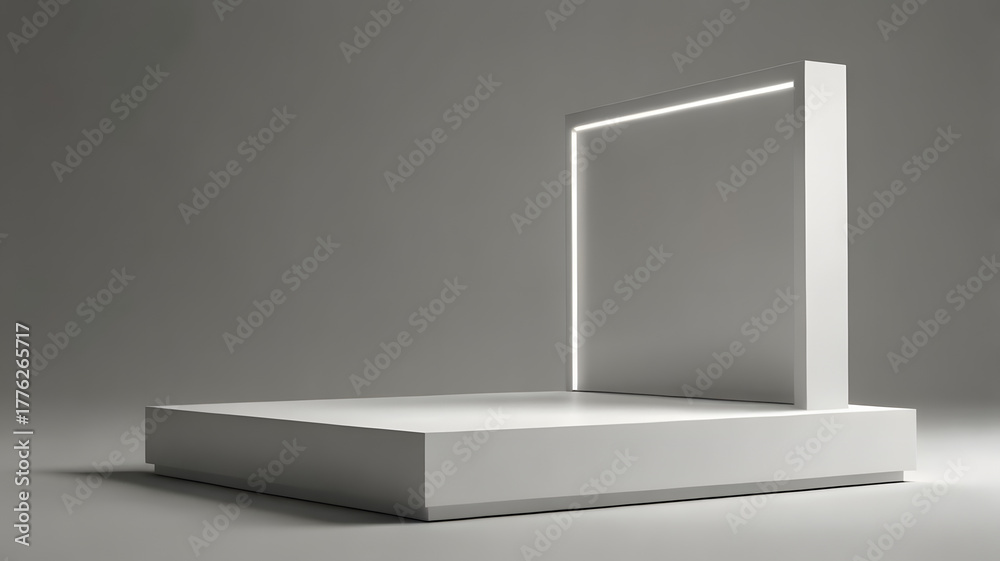 Fototapeta premium Modern white product display stand with glowing light frame