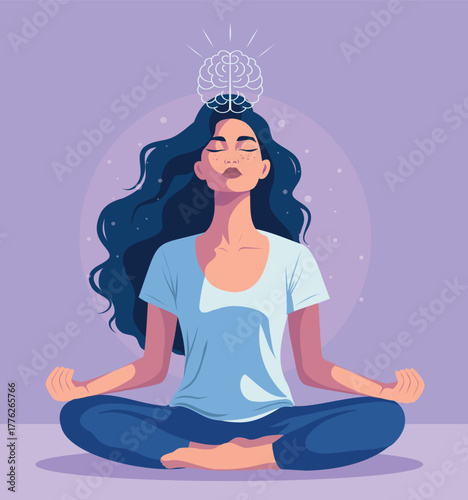 Woman meditates in the lotus position with a glowing brain above her head. Mindfulness, mental clarity, yoga. Vector illustration for projects on mental health, psychology. High quality, scalable