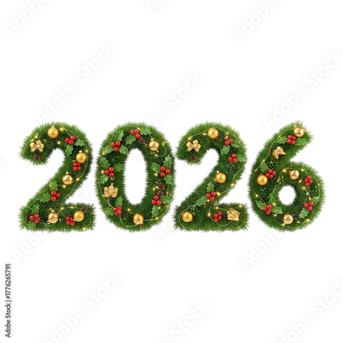2026 New Year Numbers Made of Christmas Wreath and Ornaments 3D Render