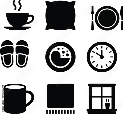 Black icons for morning routine and comfort coffee cup