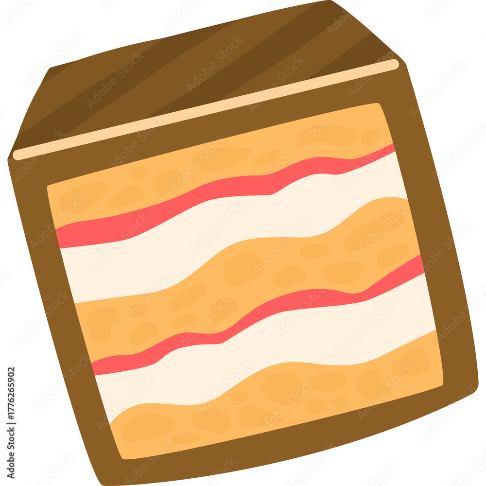 Obraz premium Slice of cake illustration with three layers of filling in warm colors and brown crust isolated on white background detailed flat design