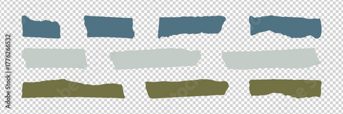 Set of torn paper edge brush stroke rectangles in teal, gray, and olive tones on transparent background. Perfect for design use.