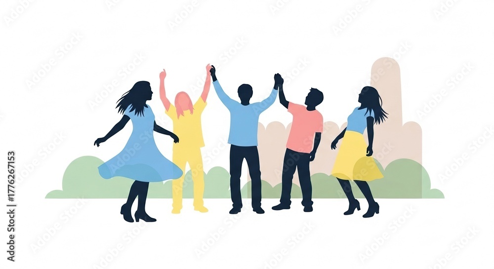Obraz premium Friends dancing joyfully in backyard celebration with pastel minimalist style