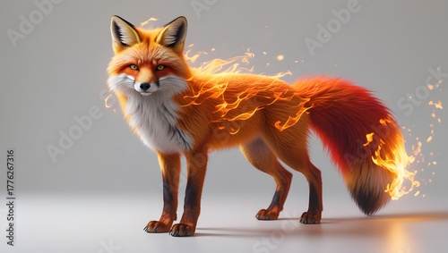 Mystical fiery red fox stands with flames on its fur and tail