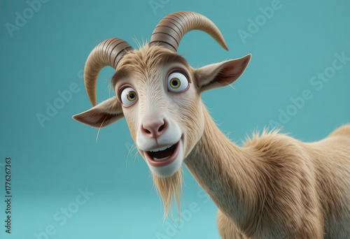 Funny 3D cartoon goat with expressive face and big eyes looking surprised on turquoise background, humorous and detailed digital animal illustration for animation, kids, and design projects
