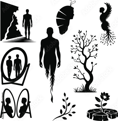 Black silhouette figures and nature elements on white background