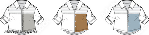 Three variations of a white collared shirt with different colored panels on the front