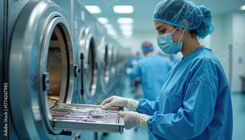 Healthcare worker wearing medical scrubs and mask handles tray of surgical instruments. Person works in sterile facility during operation process. Medical equipment on sterilization for patient care.