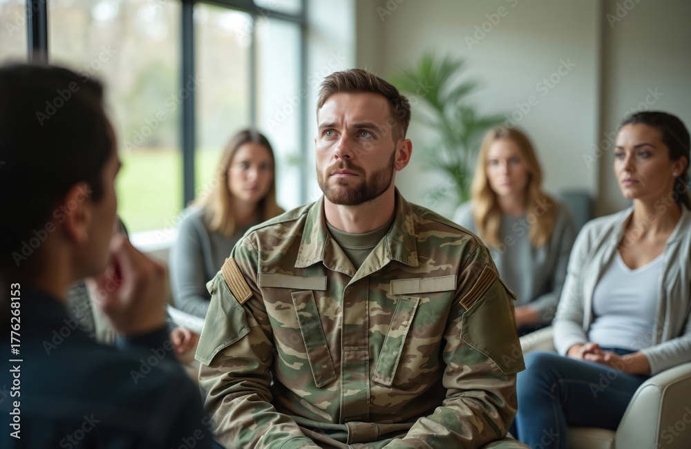 Fototapeta premium Soldier in army uniform attends group therapy session with diverse people. Veteran discusses mental health problems with psychologist. Man talks about combat stress, anxiety, depression during