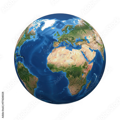 Detailed view of planet earth showing continents and oceans isolated on transparent background