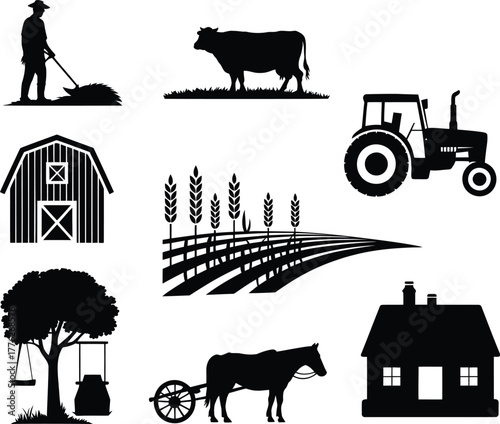 Black silhouettes of farm elements including a farmer tractor barn cow horse and wheat